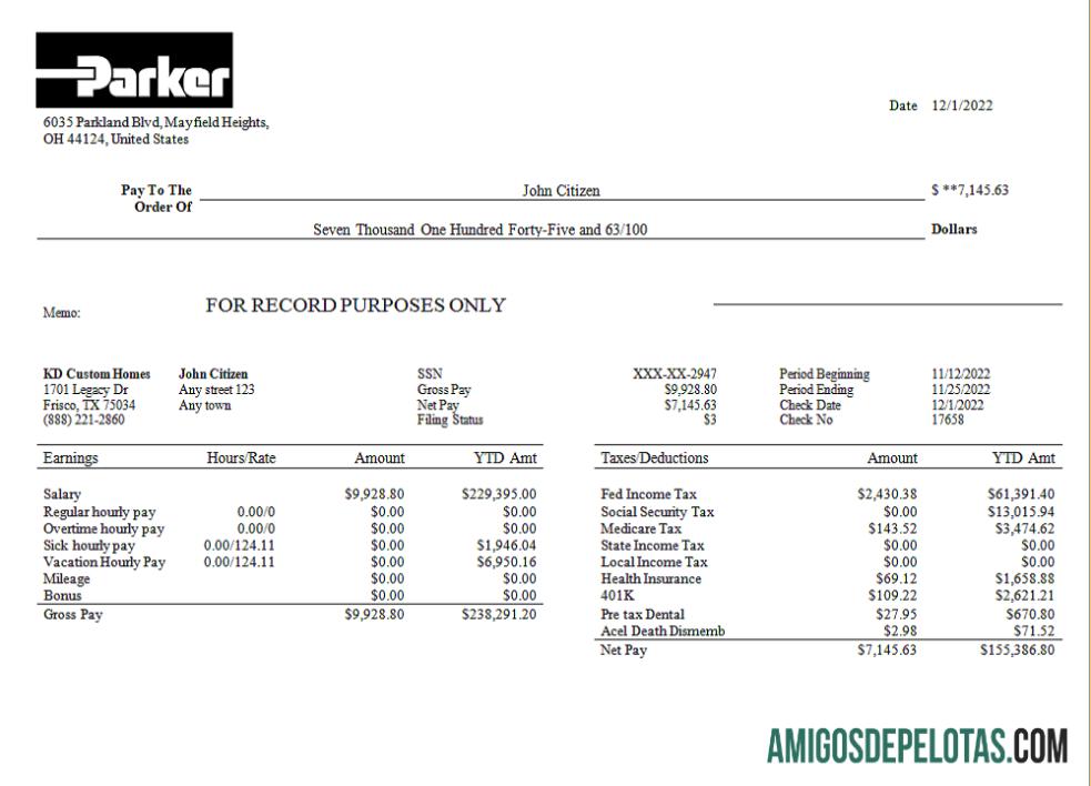 Recibo de pagamento da empresa de engenharia Parker Hannifin dos EUA exemplo real